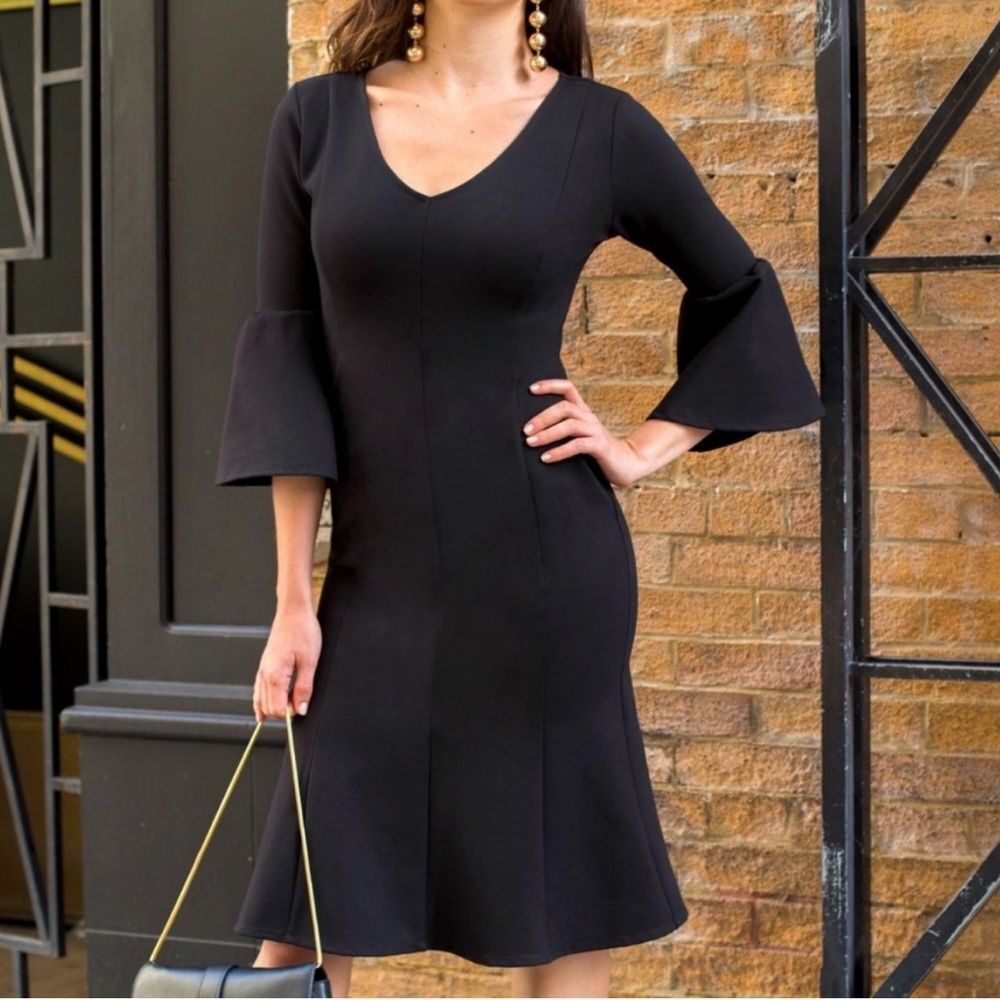 Betabrand Revamped Little Black Dress Bell Sleeves Flared Hem Size Small